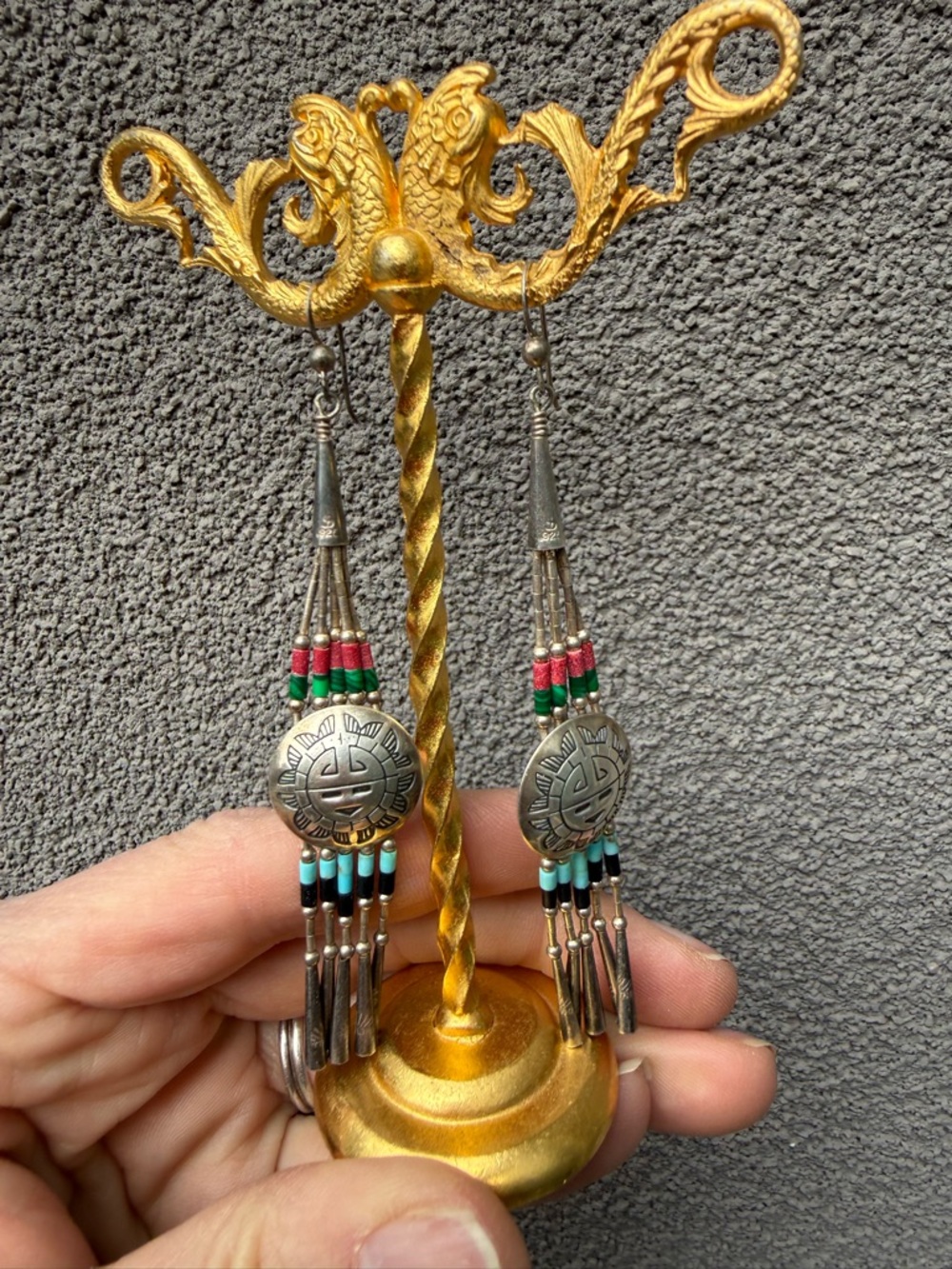 Vintage Native American Sterling Silver Sun Face Heishi Bead Dangle Earrings 925 - Picture 4 of 7